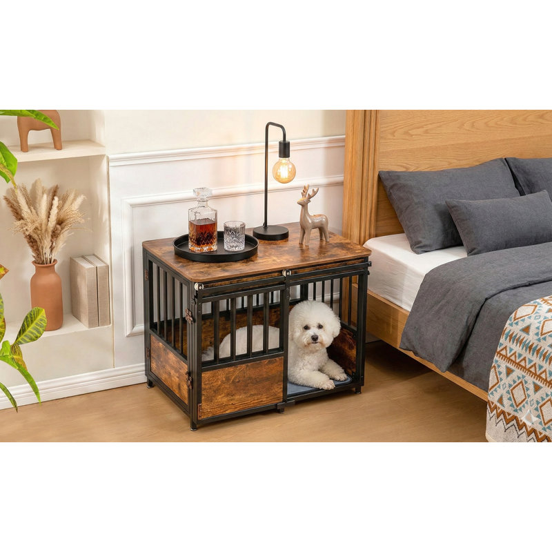 Chenil en bois robuste pour chiens de grande à moyenne taille de 32 pouces, avec coussin et portes doubles, fonction de table d'appoint ou décorative, porte coulissante résistante à la mastication