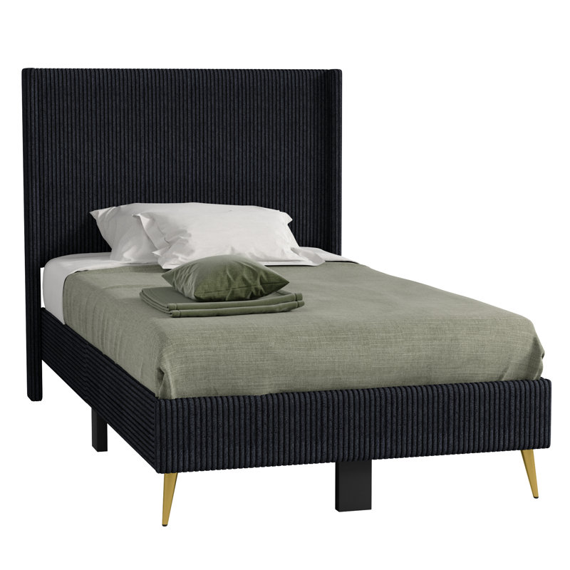 Shannock Corduroy Upholstered Wingback Bed With Gold Metal Legs, Twin, Black