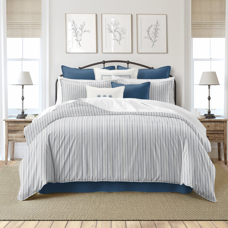 Pacific Stripe Reversible Cotton Duvet Cover Set, Denim, Queen Duvet Cover + 2 Queen Shams