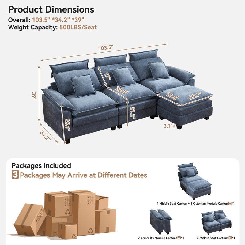 103" W Oversized L-Shaped Cloud Sectional with Ottoman & Headrest, Blue Chenille, 3