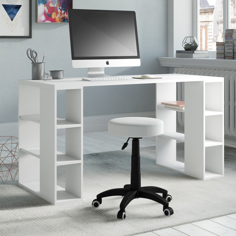 Simone Modern Desk with Built-in Bookcase – Stylish Workspace Desk with 6 Open Shelves, White, White