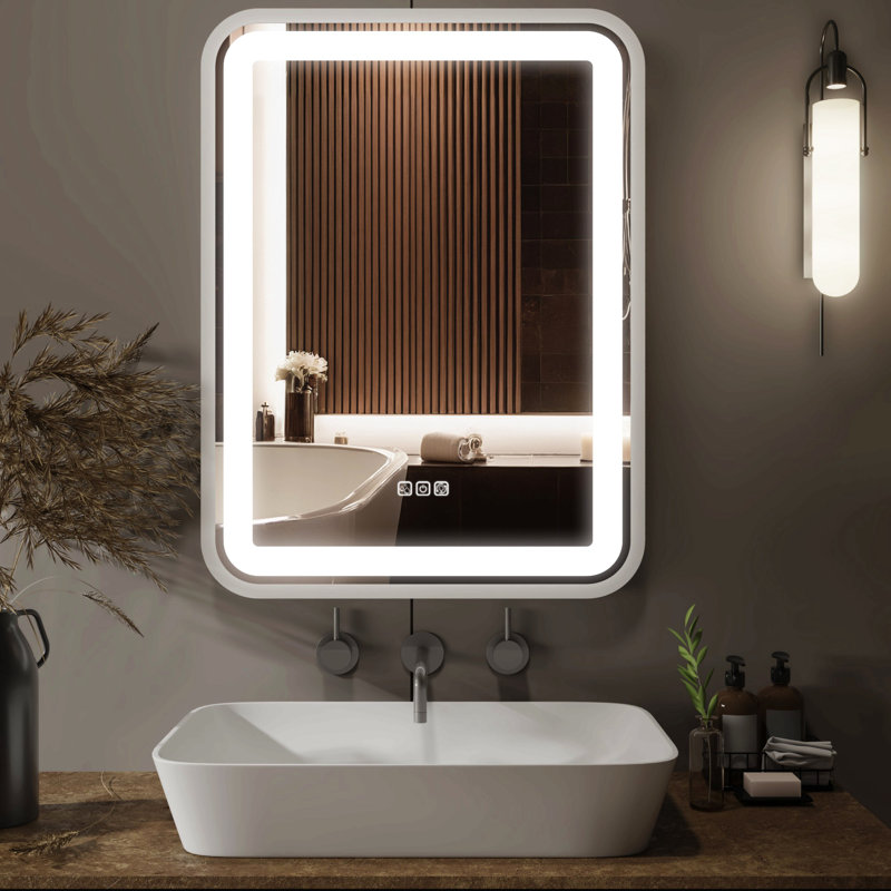 Miroir de salle de bain pour salle de bain avec lumière pour mur Miroir de maquillage à cadre 36 x 28 Smart Led pour évier à intensité variable 3 couleurs avec fonction de mémoire anti-buée verticale et horizontale