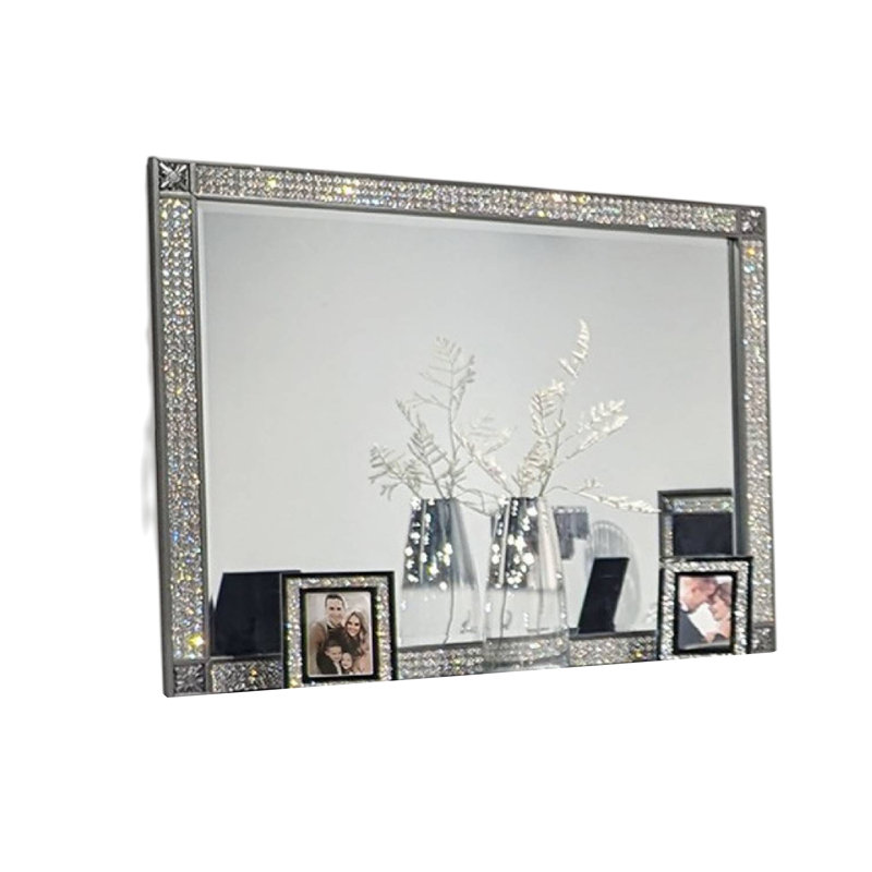 Miroir de commode Laine, cadre à garniture en cristal, bois massif gris de 46 pouces