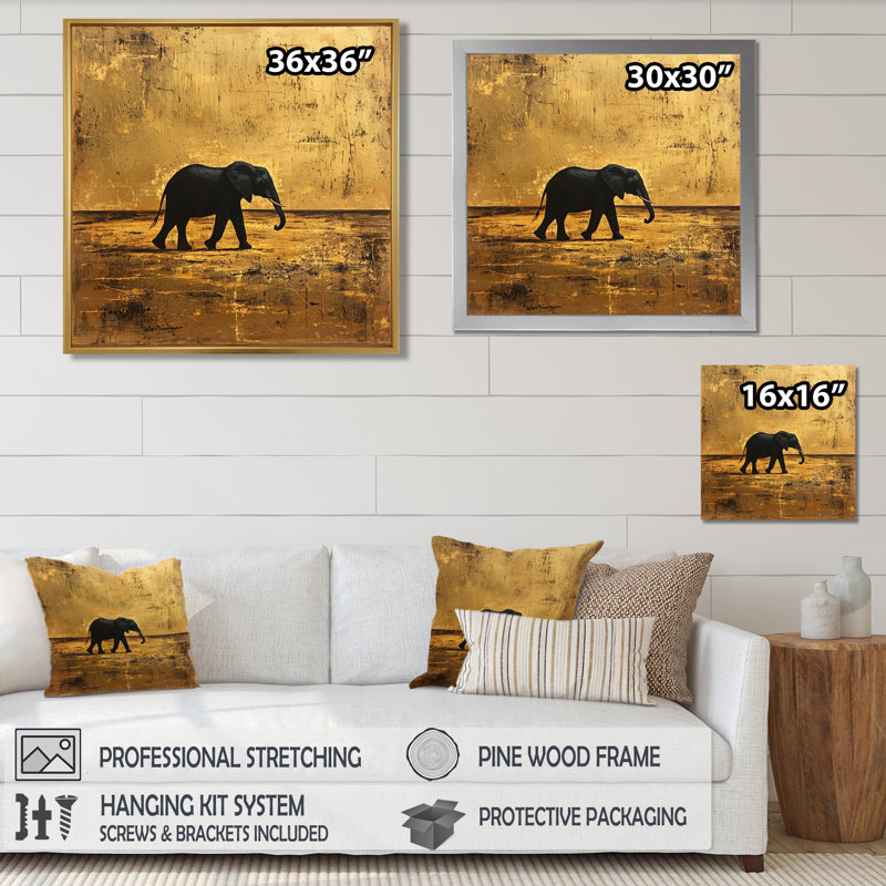 Hammitt, éléphant doré dans le désert ouvert d'Afrique II - éléphant, art mural, H 16 po x l 16 po, Brun