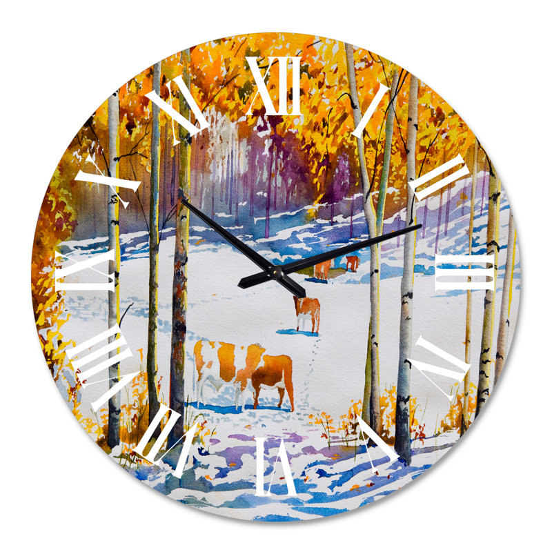 Bétail dans la neige au début de la forêt - horloge murale de ferme, Surdimensionné