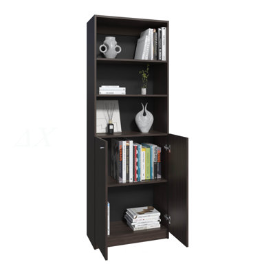 Bibliothèque Home 2 portes Cronos, 2 tablettes ouvertes et rangement dissimulé, noyer teint