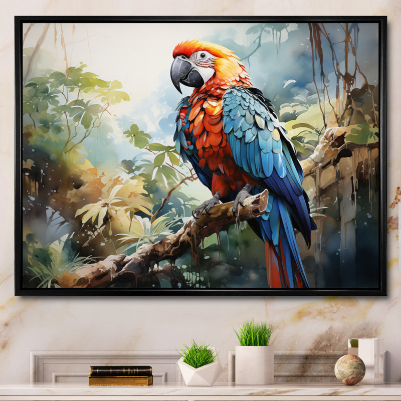 Plumage de perroquet tropical II sur toile, H 34 po x l 44 po x P 1,5 po, Cadre flottant noir