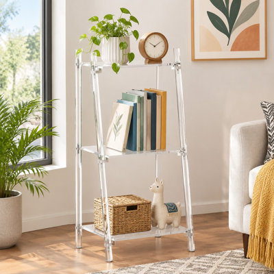 3 tablettes en acrylique transparent forment une bibliothèque échelle moderne et compacte mesurant P 11,6 po x l 15,6 po x H 32 po pour la salle de bain, le bureau ou le salon.