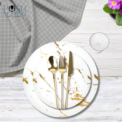 Posh Setting 420 Piece White And Gold Plastic Party Bundle - Stroke (60 Settings)