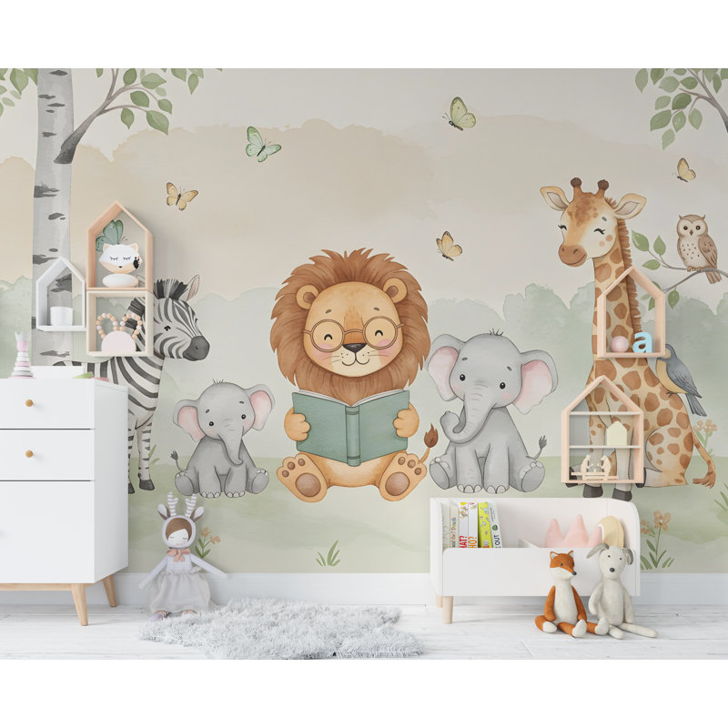 Lion lisant un livre mural graphique zèbre peler et coller éléphant chambre Safari papier peint pépinière girafe murale 575RS (Peel-N-Stick) RS575