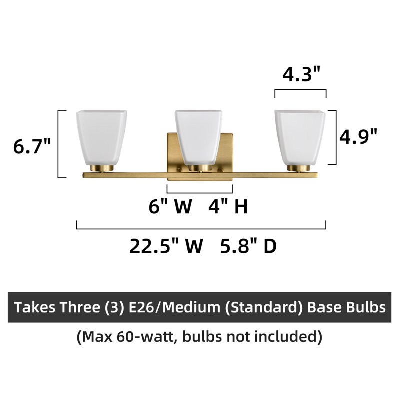 22 In. 3-light Modern Vanity Light With Square Etched White Glass Shades, Gold