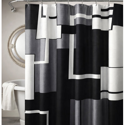 72" X 72" - Black White Geometric Fabric Textured Glam Luxury Shower Curtain With 12 Metal Roller Ball Hooks