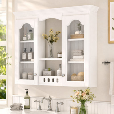 Wall-Mounted Bathroom Medicine Cabinet with 2 Glass Doors and Adjustable Shelves, White