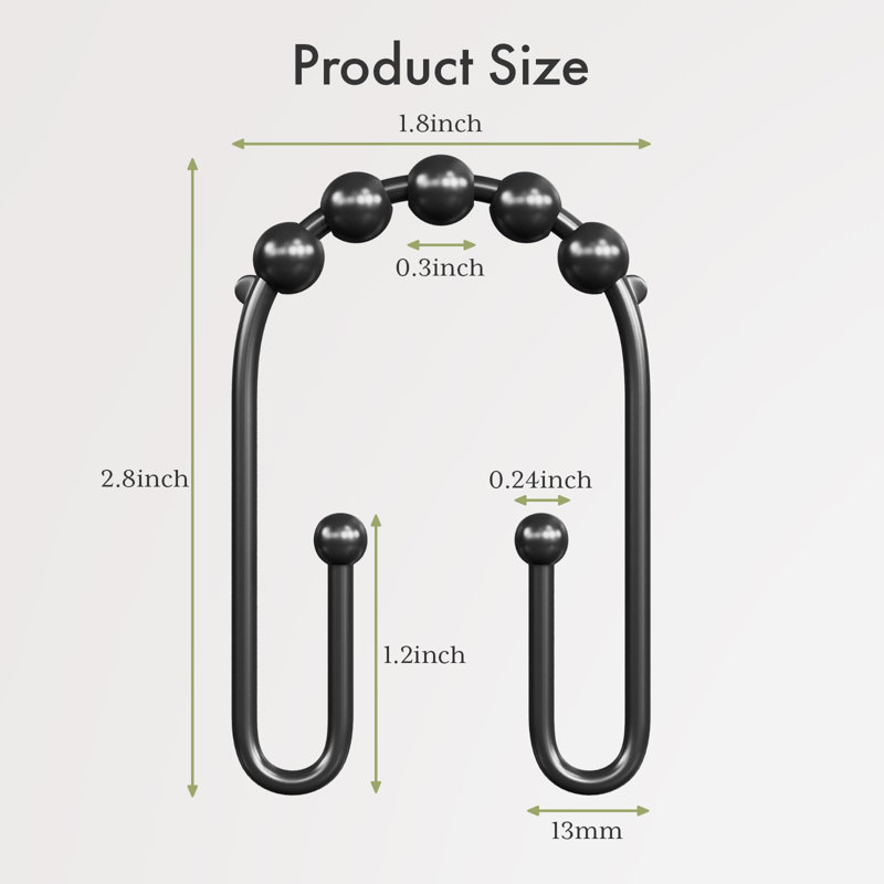 Shower Curtain Hooks, Black Rust Proof Non-Slip Double Hooks For Shower Curtain, Sturdy Metal Rings Bathroom 12Pcs