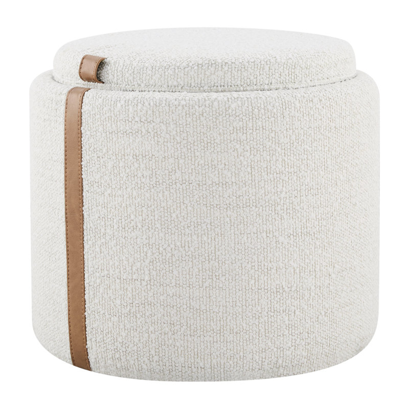 Jamil 20.47" Upholstered Round Storage Ottoman with Removable Wooden Tray Top, White