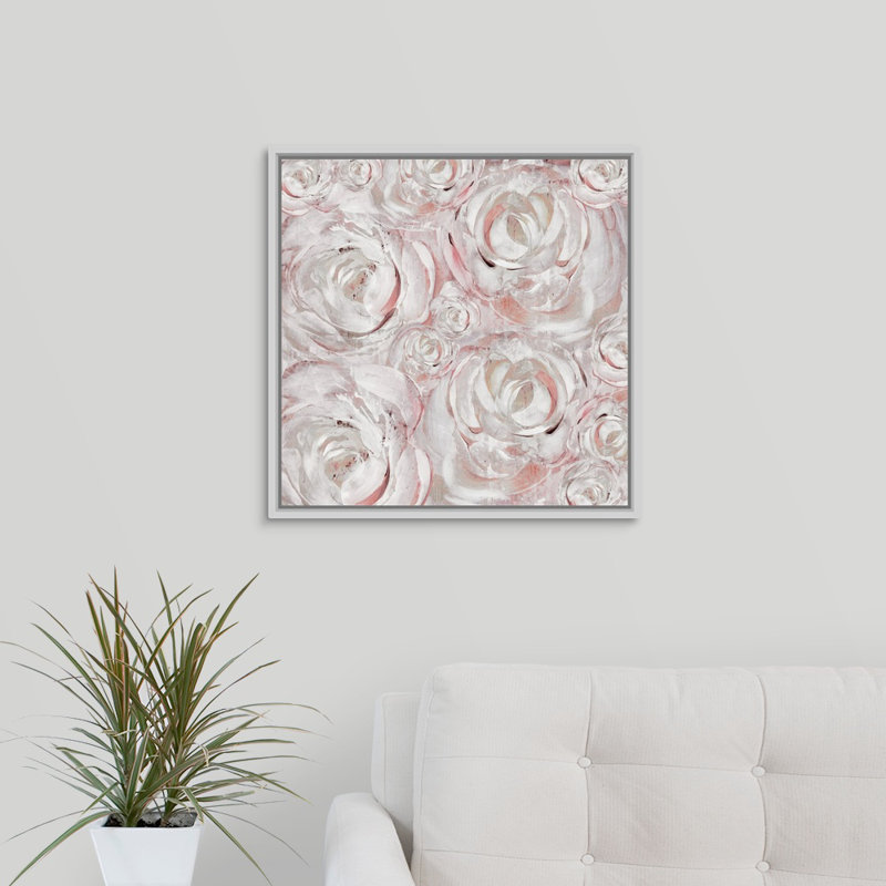 « rosé double iii », peinture sur toile, H 21,7 po x l 21,7 po, Reproduction avec cadre flottant, Blanc