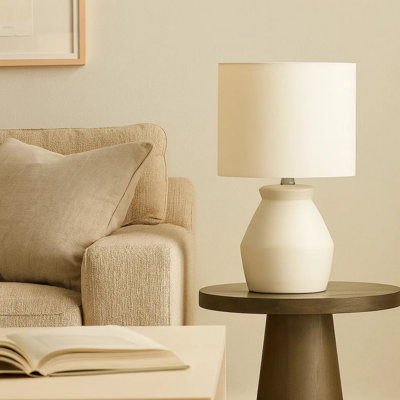 Table Lamp, 17 Inch Angular Design Ceramic Base, Ivory Linen Shade