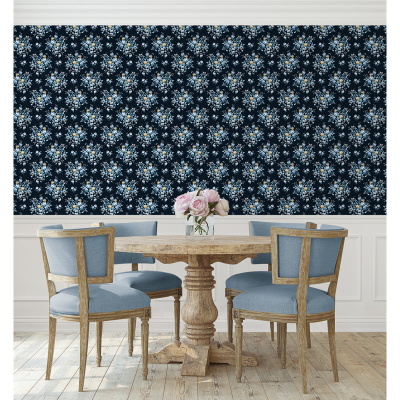 Papier peint floral Faheemah, Bleu minuit / caramel au beurre