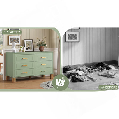Commode double 6 tiroirs en vert sauge, armoire de rangement moderne avec poignées en métal et pieds en bois massif, organisateur de tiroir pour chambre d'enfant, commode en bois robuste avec préinstallé