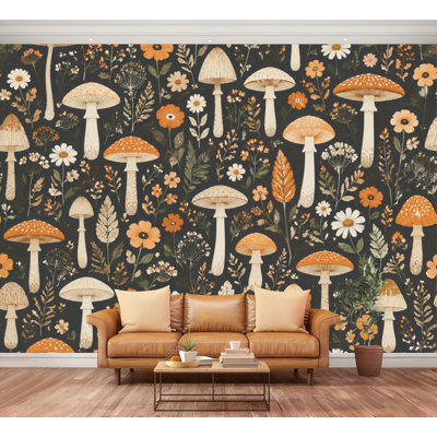 Papier peint adhésif autocollant amovible champignon botanique rétro à motif floral terreux, papier contact pour salle à manger H 100 po x l 144 po