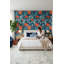 Papier peint floral avec fleurs orange et fond bleu