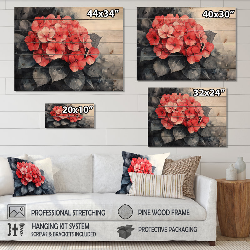 Monochrome Hydrangeas With Bold Red Accent II - Hydrangea Wood Print - On Natural Pine Wood, 24" H x 32" W