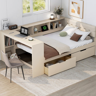 Wood Full Size Platform Bed With Storage Shelves, Drawers, Charging Station And Upholstered Headboard, Cream