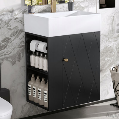 Meuble-lavabo compact de 20 po avec lavabo en céramique, porte à motif de losanges, poignée dorée et tablettes latérales