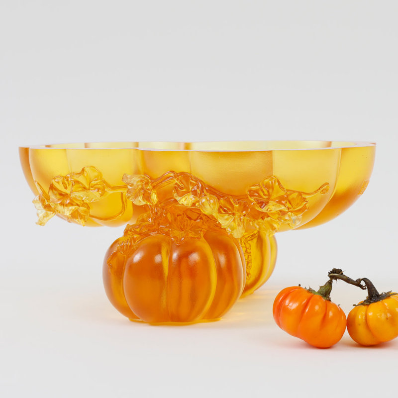 LIULI Crystal Art Crystal Bowl In Squash Shape Sculpture, "Golden Gourds Of Fortune"