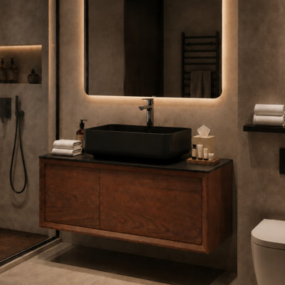 Meuble-lavabo flottant de 36 po avec lavabo vasque noir, armoire de salle de bain murale en noyer avec comptoir en pierre frittée, tiroir à fermeture en douceur et rangement pour porte