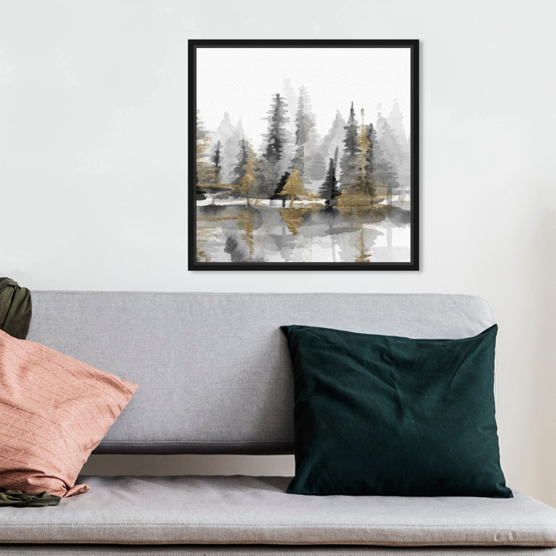 Golden Reflection III, Forest Lake Reflection - peinture sur toile, Cadre flottant noir, H 12 po x l 12 po x P 1,75 po