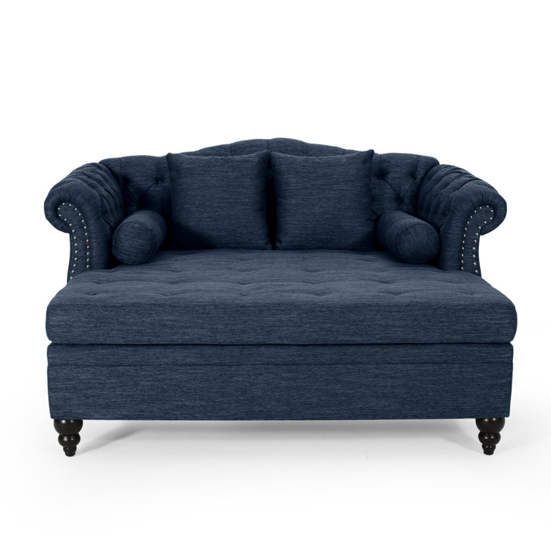 Lamm Tufted Upholstered Chaise Lounge with Rolled Arms and Nailhead Trim, Navy Blue