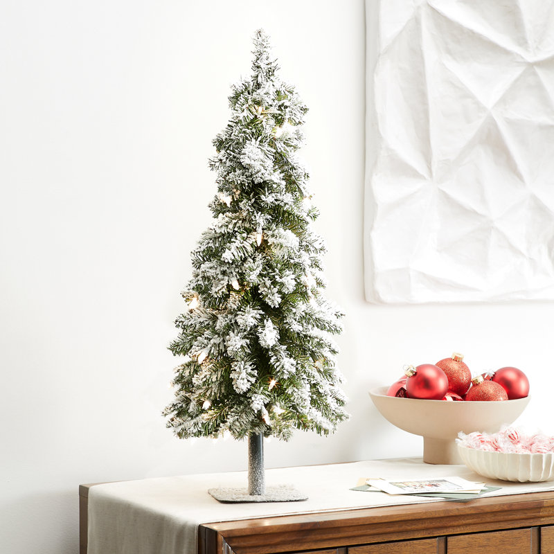 2ft. Snowy Downswept Forestree with Clear Lights