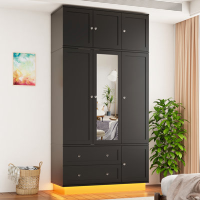Armoire penderie avec miroir, capteur de lumière, bande lumineuse à DEL, 2 tiroirs, poignées en cristal et tringle