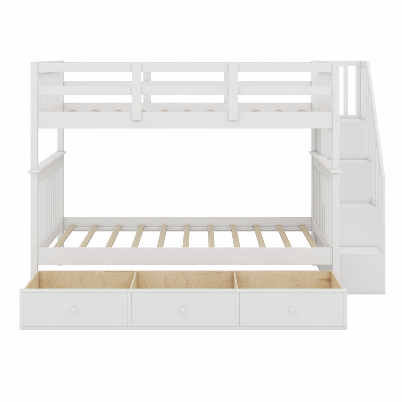 Lit superposé à escalier avec trois tiroirs, Blanc