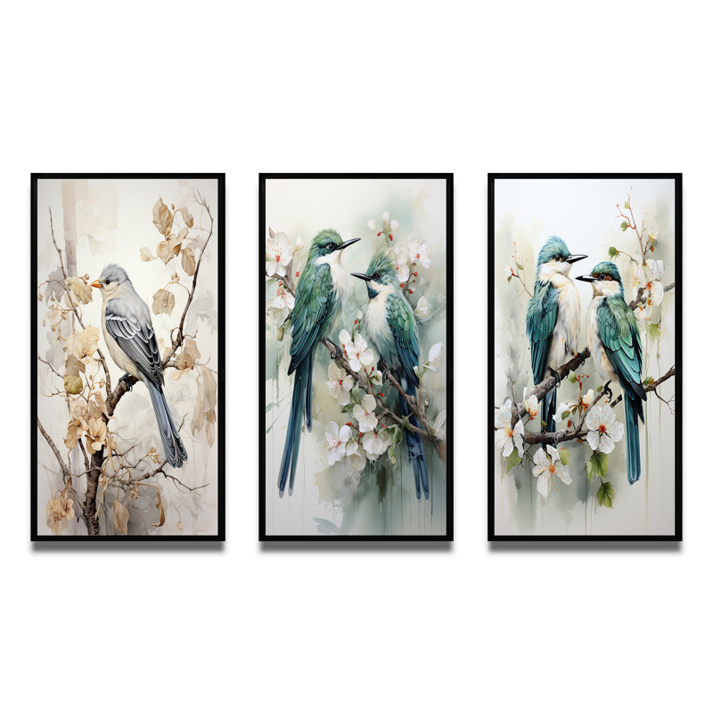 «Bird Silent Watcher», 3 pièces sur toile, H 32 po x l 48 po, Cadre noir