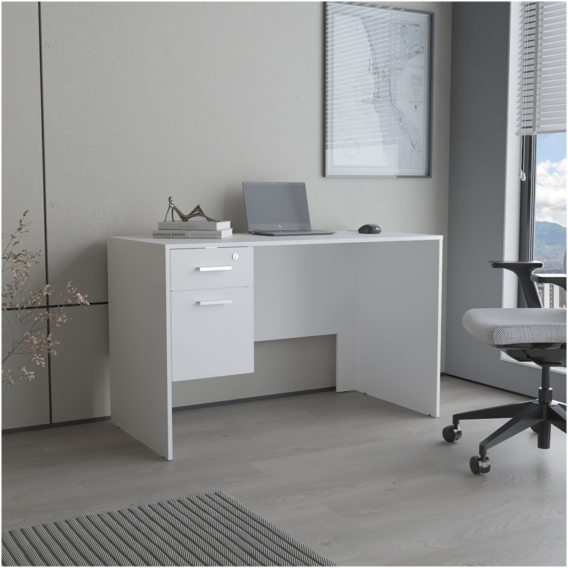 Bureau moderne Mellier avec deux tiroirs et rangement latéral, poste de travail d'ordinateur compact pour bureau à domicile ou salle d'étude