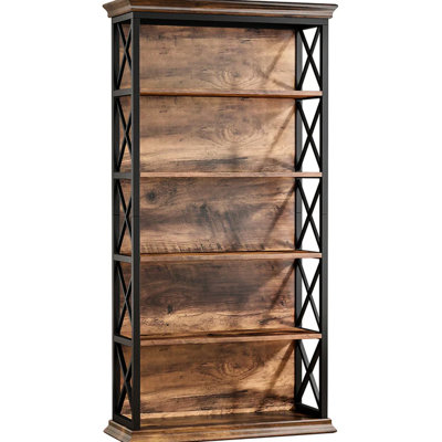 Modern 6 - Tier Metal And Wood Bookshelf, X Pattern Accents, Ample Space, 11.88 Inches Wide Spacious Pattern, Reliable Storage, 30.61 Deep