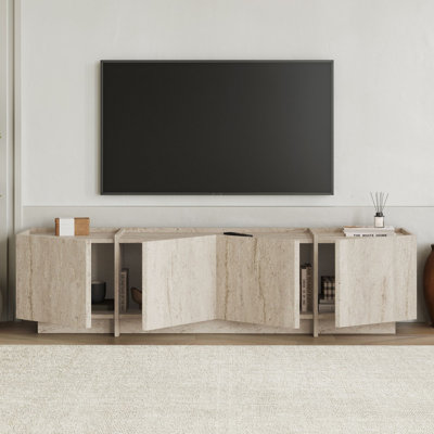Meuble télé moderne avec charnières à fermeture douce, finition travertin, 70,9 x 18,1 x 13,8 pouces | Panneau de particules enduit 100% mélamine, design durable et élégant | Parfait pour le salon et les espaces de divertissement