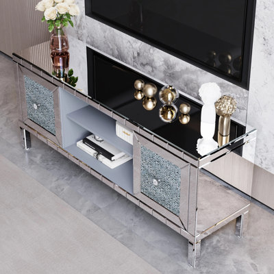 60" Mirrored TV Stand With Crushed Diamond Glass Doors - Modern Media Entertainment Center For Living Room