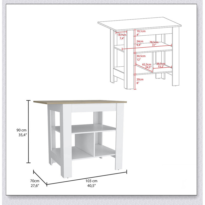 Îlot de cuisine à 3 tablettes Adeline avec plateau durable et rangement spacieux, parfait pour les cuisines modernes et l'organisation efficace.