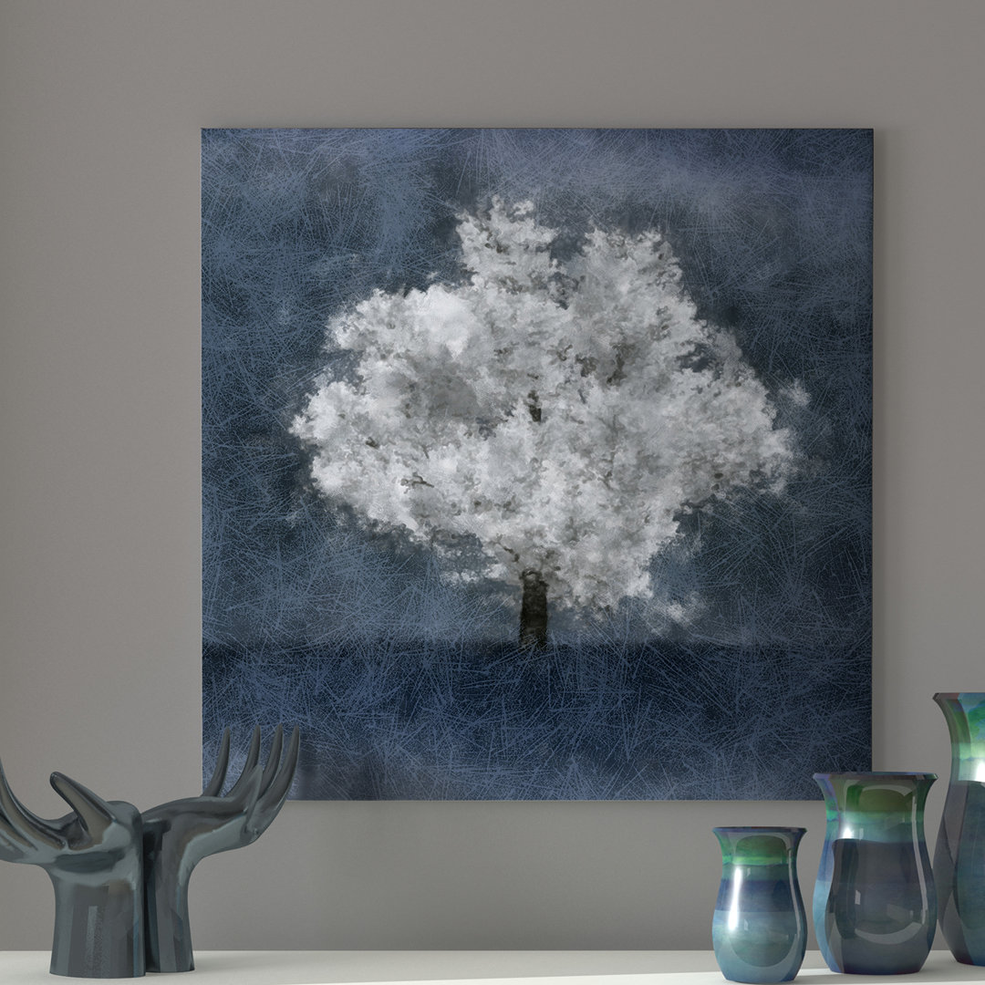 'Absolutely One Framed in Blue/GrayBlue Gray White Tree Contemporary Modern' - Wrapped Canvas Graphic Art Print Winston Porter