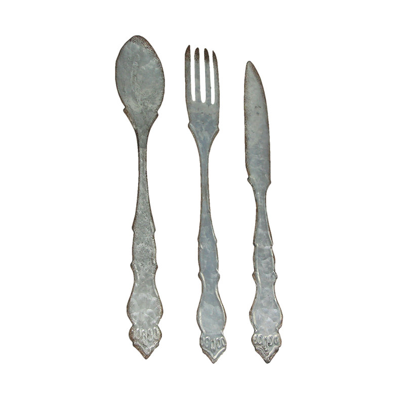 Farmhouse galvanized gray metal fork, spoon, and knife 3-piece kitchen wall hanging set — 31" H x 3.5–5.5" W x 0.25" D
