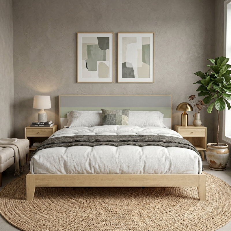 Allyannah Levison Platform Bed With Headboard, King, Oslo Oak/Cool Gray/Sage Green/White