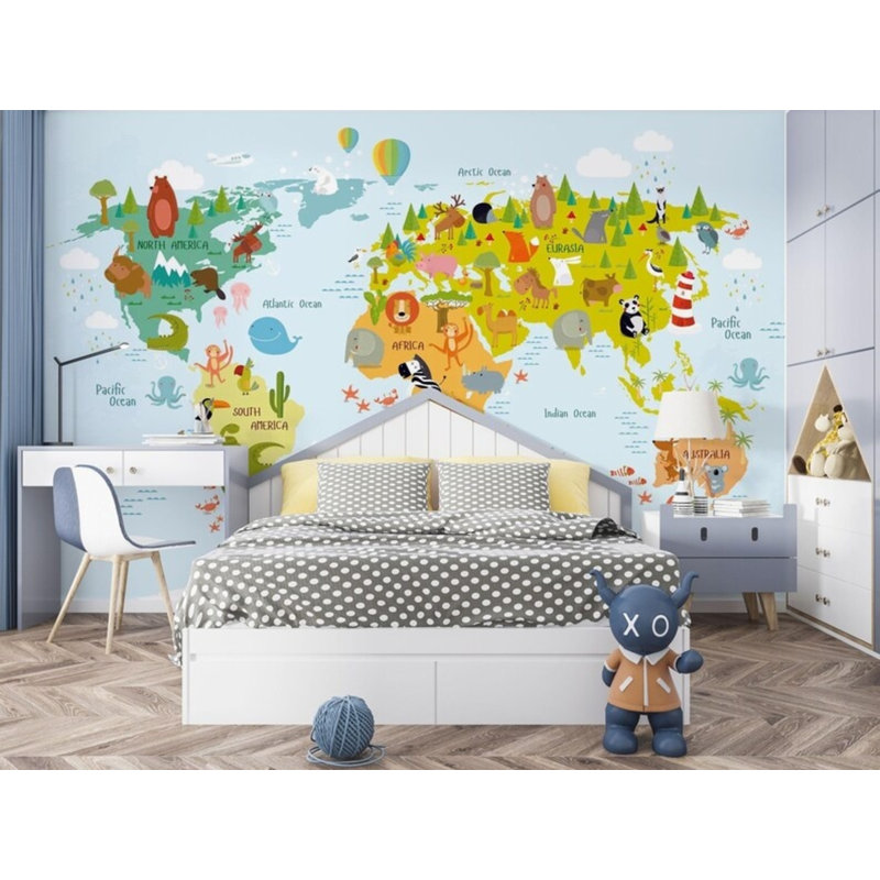 Adhésif mural coloré, carte du monde des animaux, L 160 po x l 108 po