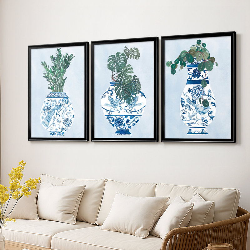 Vase au clair de lune I - Toile tendue avec châssis sur mesure - 3 pièces, Noir, H 19 po x l 45 po