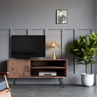 Meuble télé de style rétro en bois récupéré de style rétro pour salon luxueux, captivant, armoire latérale avec deux tablettes ouvertes, bois massif, étincelle naturelle, profondeur de 48 po, largeur de 18 po, espace de 24 po de hauteur