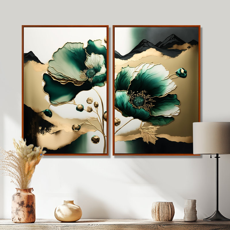 Or et vert coquelicot floral Euphoria I - art mural traditionnel, 36" H x 48" W, Impression encadrée flottante, Brown