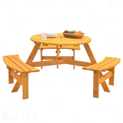 Table de pique-nique circulaire en bois pour 6 personnes en plein air
