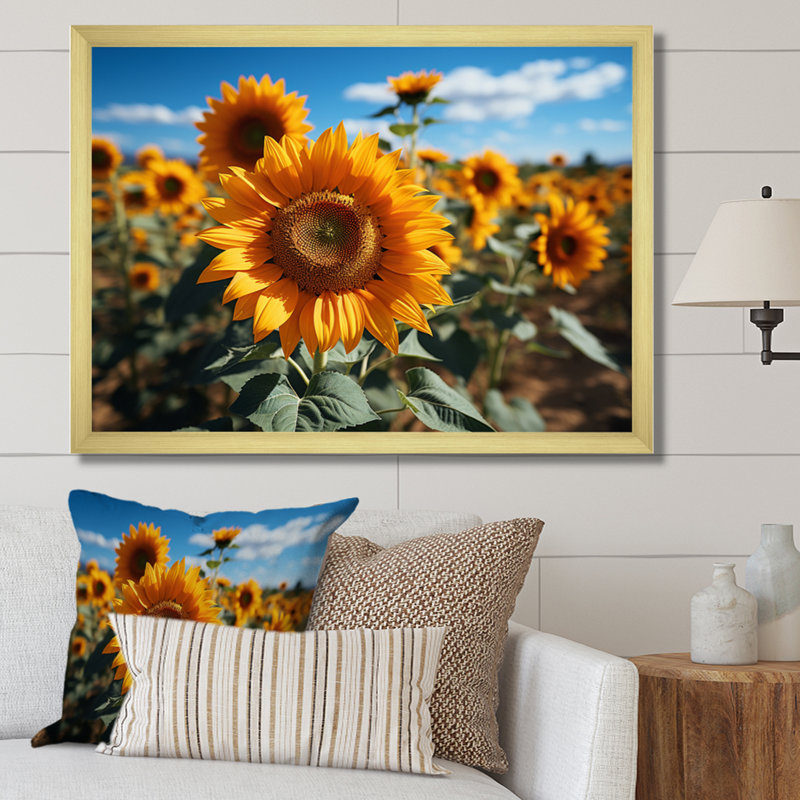 Tournesols jaune champ vibrant II, H 12 po x l 20 po x P 1 po, Encadrement doré